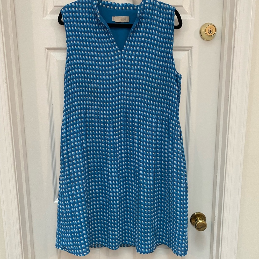 Hobbs London Blue and White Geometric Patterned Dress w Pockets - Size 8
